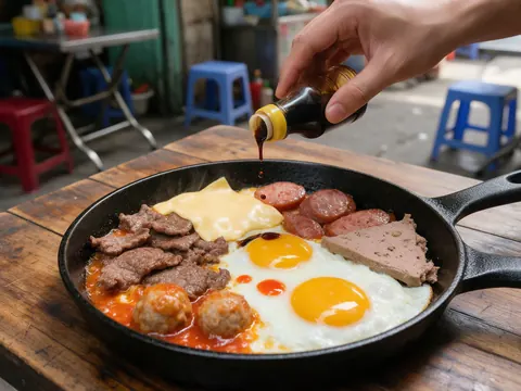 Tay rưới nước tương từ chai nhỏ lên chảo bánh mì chảo có trứng ốp la, thịt bò, xíu mại, xúc xích, phô mai và pate