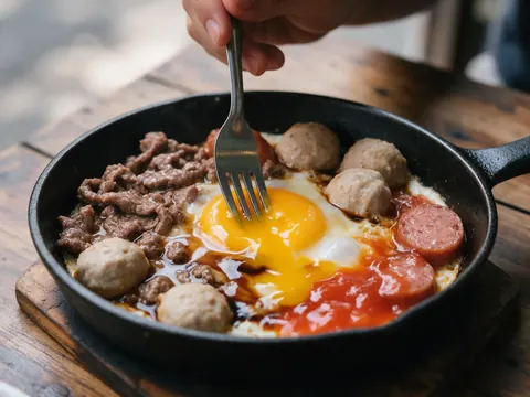 Nĩa chọc vỡ lòng đỏ trứng, trộn cùng nước tương và sốt cà trong chảo gang