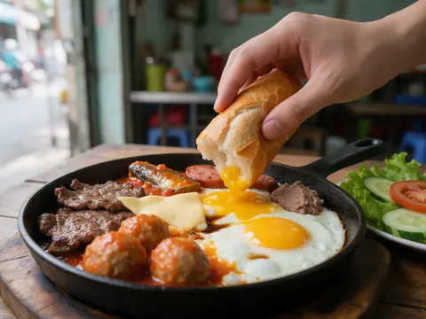 Tay chấm miếng bánh mì xé vào lòng đỏ trong chảo đầy thịt bò, xíu mại, cá, xúc xích, phô mai, pate, bên cạnh đĩa xà lách, dưa leo, cà chua