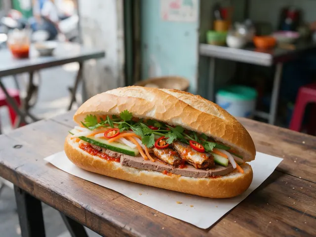 Bánh mì kẹp cá mòi sốt cà với pate, dưa leo, đồ chua và rau thơm
