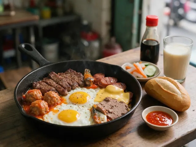 Bánh mì chảo: chảo gang có thịt bò, hai trứng ốp la, xíu mại sốt cà, cá mòi sốt cà, xúc xích, phô mai, pate, kèm bánh mì, đồ chua, tương ớt, nước tương và ly sữa đậu nành