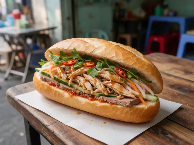 Bánh mì kẹp gà xé với pate, dưa leo, đồ chua, rau thơm và ớt