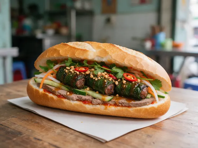 Bánh mì kẹp bò nướng lá lốt rắc đậu phộng, kèm dưa leo, đồ chua và rau thơm