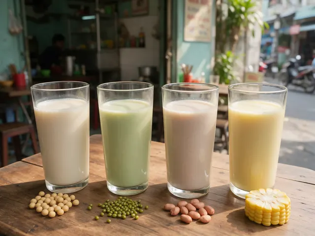 Bốn ly sữa đậu nành, sữa đậu xanh, sữa đậu phộng và sữa bắp
