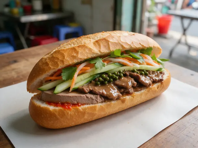 Bánh mì kẹp bò xốt tiêu xanh với pate, dưa leo và đồ chua