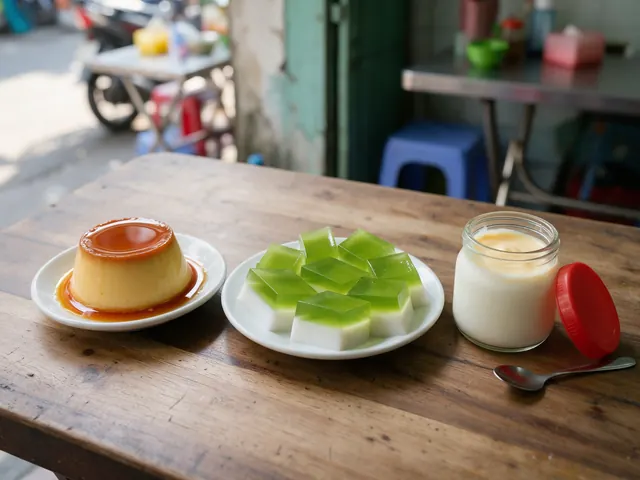 Một cái bánh flan trên đĩa nhỏ, đĩa rau câu dừa lá dứa cắt miếng và hũ sữa chua thủy tinh nắp đỏ