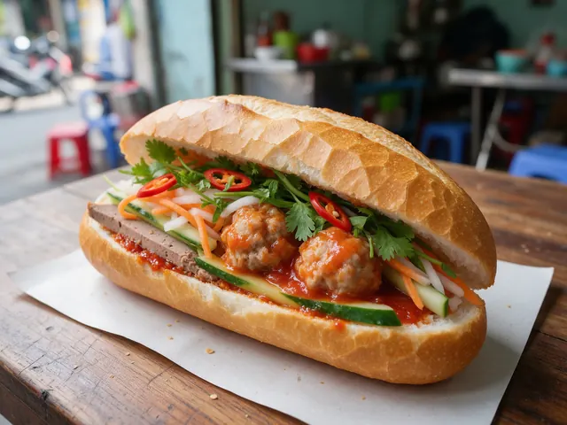 Bánh mì kẹp xíu mại sốt cà với dưa leo, đồ chua, rau thơm và ớt
